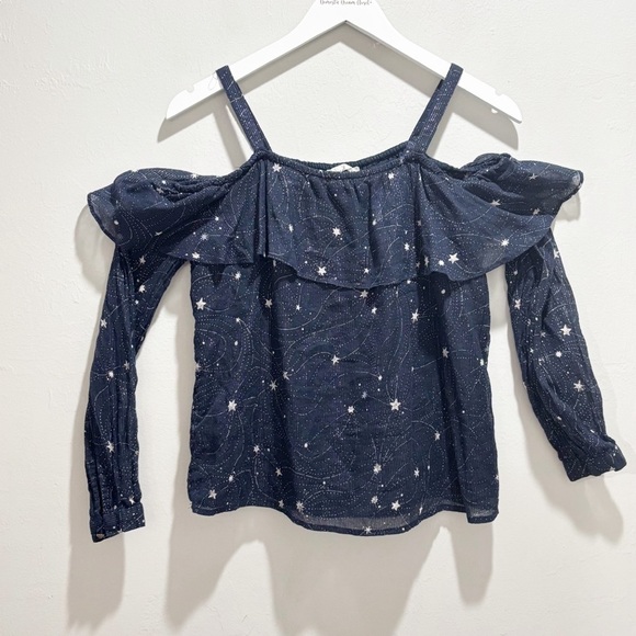 ANTHROPOLOGIE FLOREAT Women’s Blue Silver STARLIT Off Shoulder Blouse Top Sz XS - Picture 6 of 15